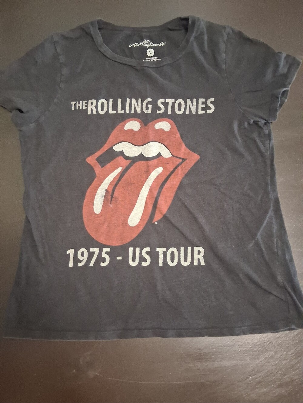 the Rolling Stones Black Kids 1975 US Tour Tee with Red Tongue Logo